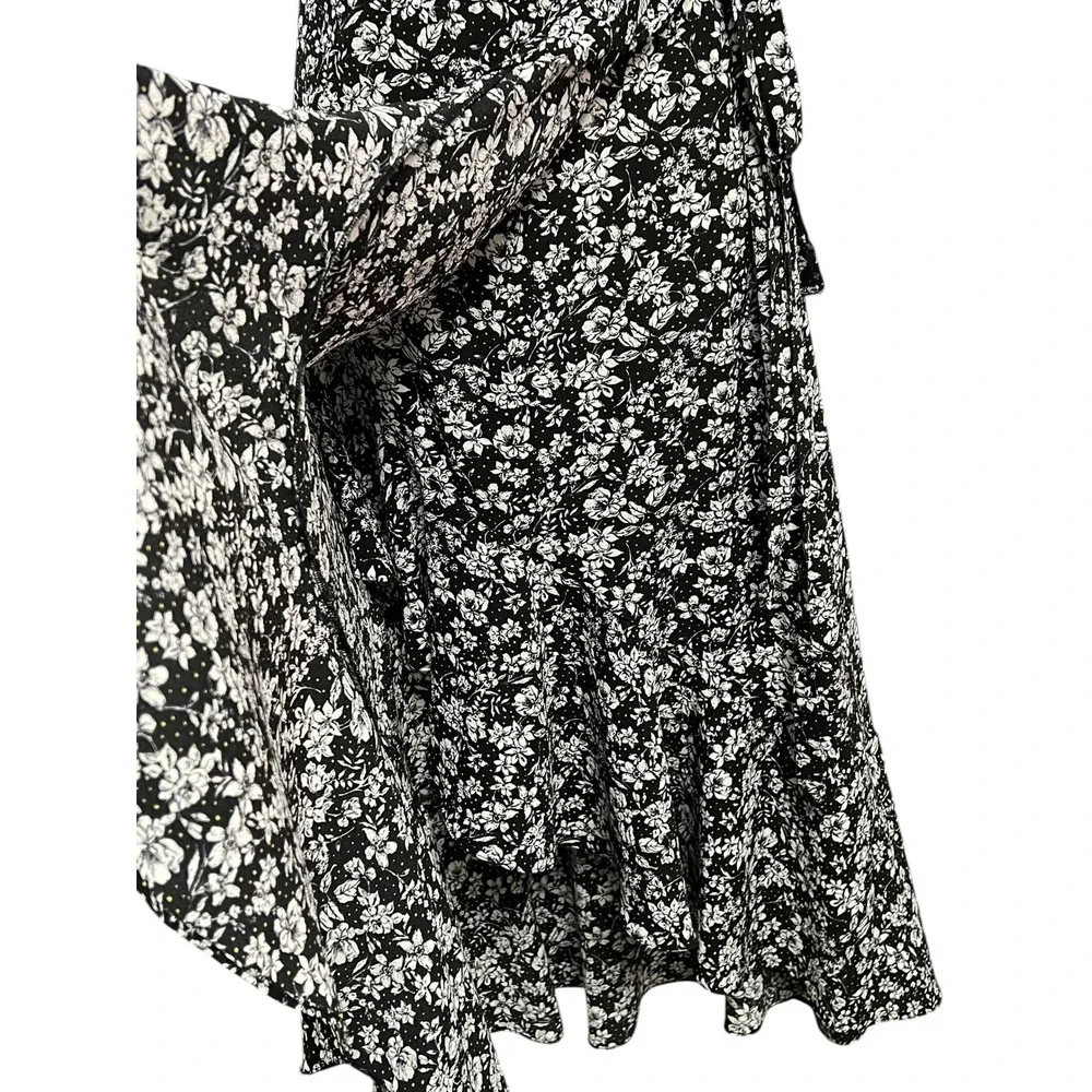 Max Studio Wrap Dress Womens Small Black Floral Dot Ruffle High Low Cottagecore - Picture 12 of 14